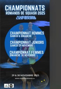 Championnat Romand Junior (samedi) Féminin (dimanche) Masculin (samedi et dimanche) les 29 et 30 novembre à Yverdon les Bains
